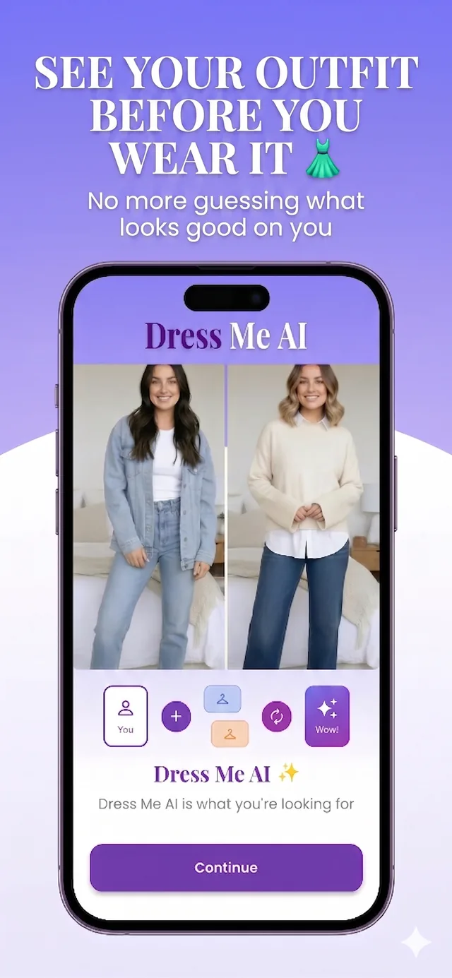 Probador virtual Dress Me AI: antes y después de un outfit en la misma persona
